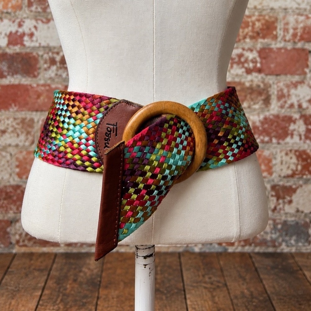 Fossil Woven Multicolor Plaid Leather Wood Buckle Large Boho Eclectic Hippie